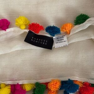 Barneys New York Cream Scarf with Colorful Pom Poms